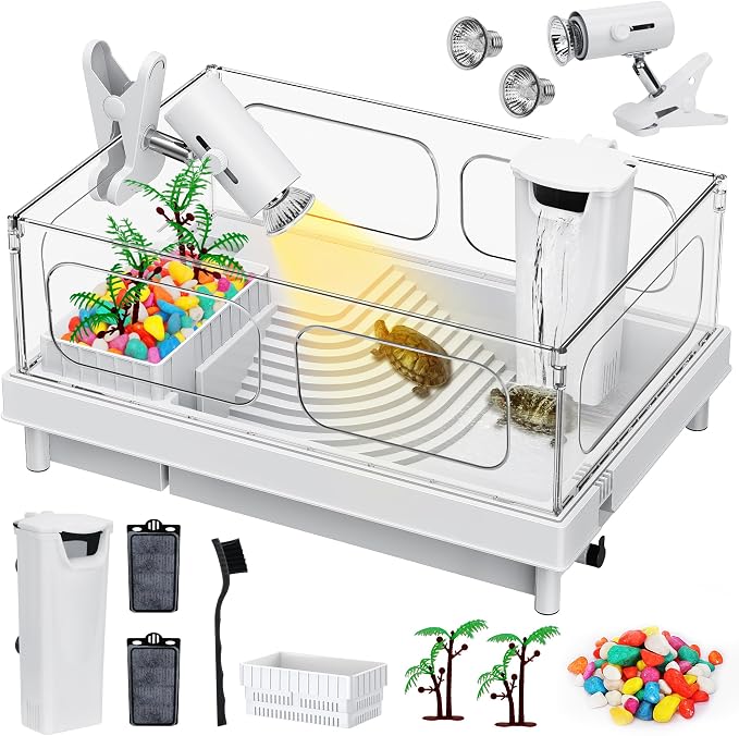 Small Turtle Tank Kit with Light and Filter for Baby Turtles | White Clear-Panel Habitat, with Basking Platform, Easy-Clean Starter Aquarium with Bottom Drain