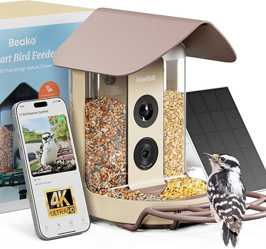 Kiwibit Smart Bird Feeder with Camera, Solar Powered for Outdoors, Bird Species AI Identification, 8MP Photo, 4K Video Livestream, Real-Time Bird Alert, Birdwatching Gifts for Bird Lovers, Autumn Clay