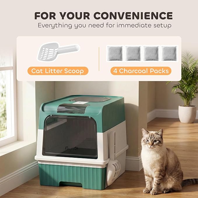 PawHut Cat Litter Box with Lid, Hooded Cat Litter Box with Pull-Out Drawer Tray, Scoop, Front Entry & Top Exit, 4 Deodorization Bags, Easy to Clean, Teal