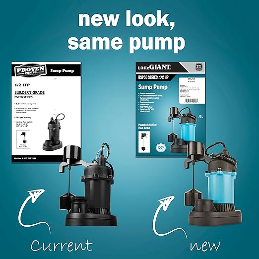 Little Giant BSP50V 1/2 HP, 115 Volt, 3180 GPH Automatic Submersible Epoxy Coated Cast Aluminum Sump Pump with Piggy-back Vertical Switch and 8-Ft. Cord, Blue, 511251