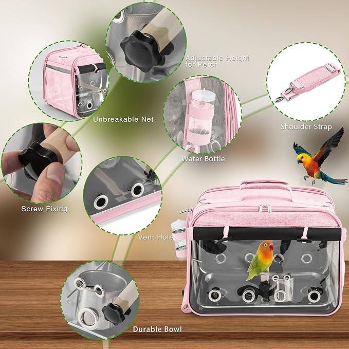 Bird Carrier Airline Approved, Bird Travel Cage with Indestructible Stainless Steel Mesh, Bird Travel Bag Lightweight and Portable with Water Bottle and Bowl