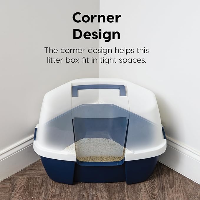 IRIS USA Cat Litter Box - Enclosed Corner Litter Box with Scoop, Hooded Litter Tray for Corners, Space-Saving Covered Litter Box, Odor Defensive, Navy/White