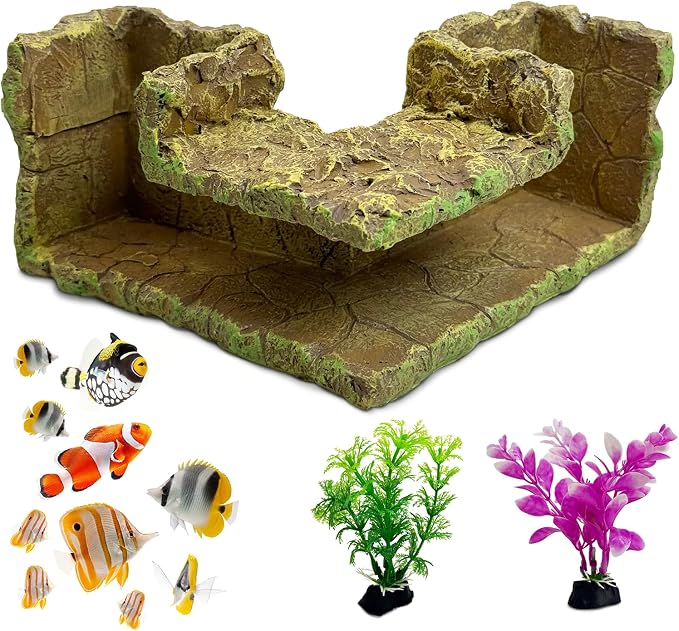 kathson Aquarium Hideaway Cave Underground Tunnel Hideout Wood-Like Fish Tank Cave for Corners View Fish in Aquarium Decoration with 2PCS Plastic Aquatic Plants for Betta Shrimp Guppy Hide