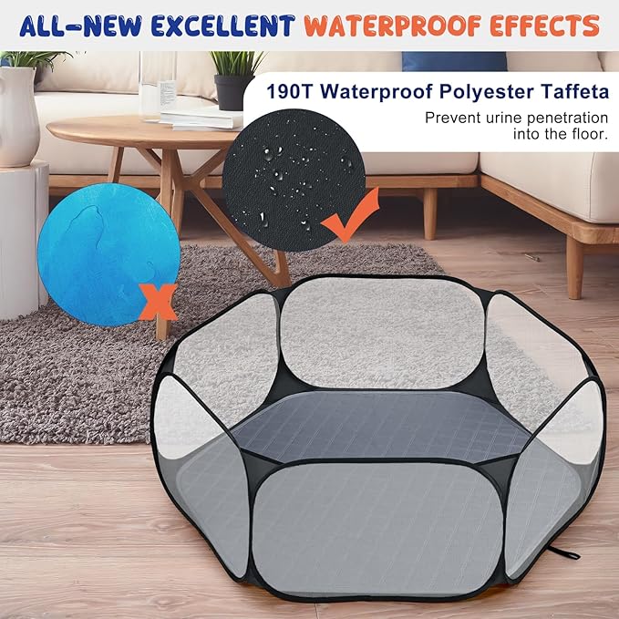 Pawaboo Small Animals Playpen with Pad, Waterproof Small Pet Cage Tent with Reusable Pad, Portable Outdoor Yard Fence for Chick/Kitten/Puppy/Guinea Pig/Rabbits/Chinchillas, Black/Gray