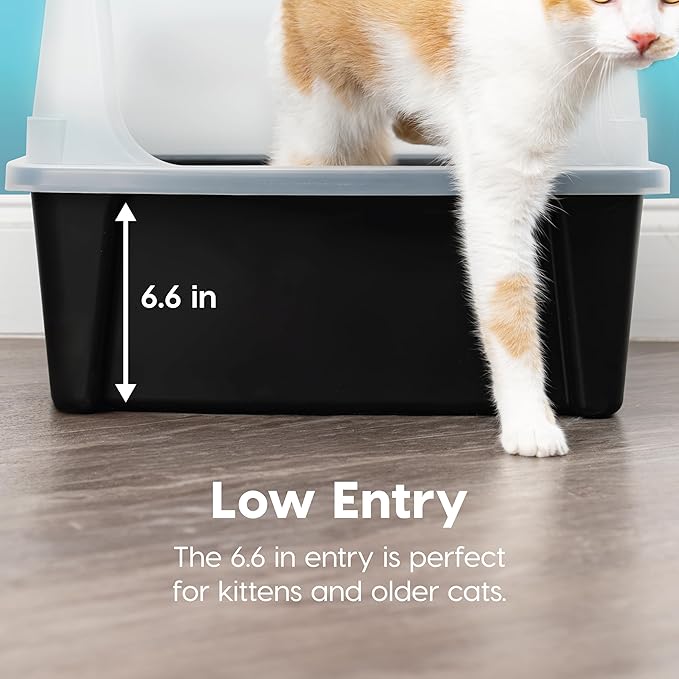IRIS USA Cat Litter Box XX-Large Open Top with High Sided Walls Tall Scatter Shield Scoop Included Easy Clean Plastic Pan for Big Cats Kittens Multi-Cat Households 30"L x 20"W x 14"H Black