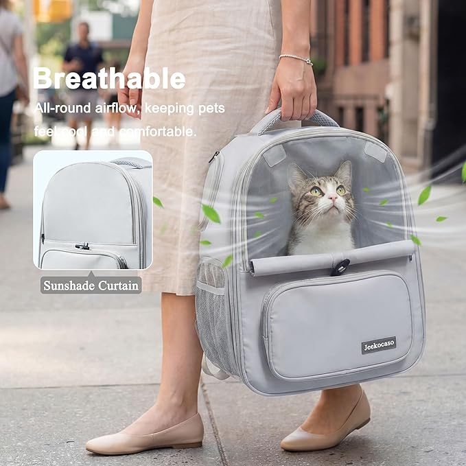 Cat Backpack Carrier Expandable, Breathable Mesh & Lockable Zippers & Shaded Curtains & Multi-Entry, Pet Backpack for Kitty Puppy Small Dogs Up to 18lbs for Travel, Hiking, Car, Vet(Light Grey)