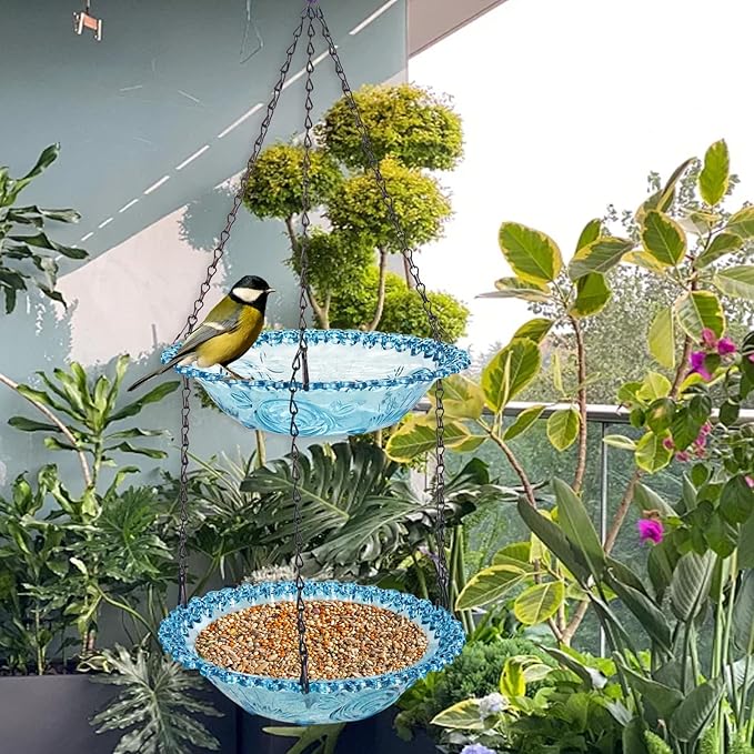 Bird Bath Hanging Seed Feeder Garden Plate Hanging Tray for Wild Backyard Attracting Birds (Blue-Doulbe Bath)