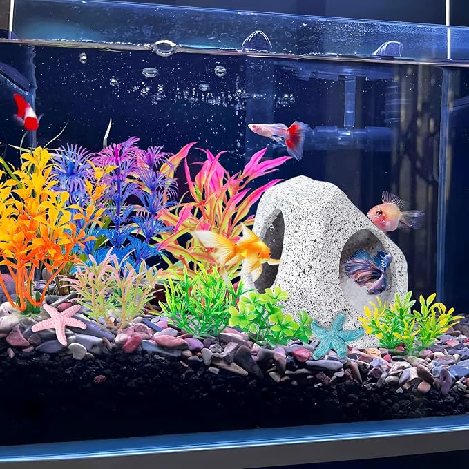 12 PCS Aquarium Decoration Cave Set, Ceramic Fish Tank Hideaway Rock | Colorful Plastic Aquarium Plants & Resin Starfish, Small Fish Tank Ornaments for Pet Fish to Hideout and Rest