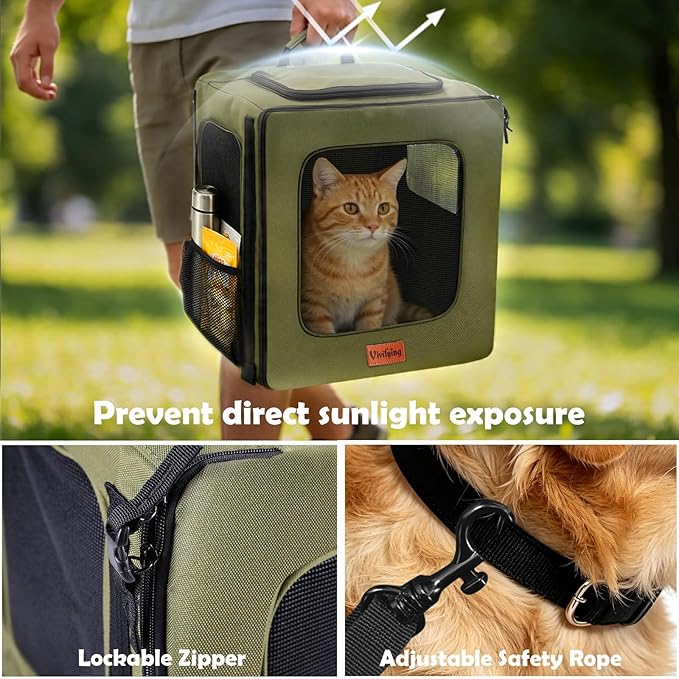 Vivifying Pet Carrier Backpack for Cats and Small Dogs up to 18 lb, Breathable Pet Backpack for Travel, Vet Visits and Hiking, with Sunshade, Locking Zippers, Thickened Bottom Support (Military Green)