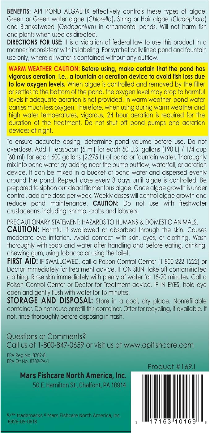 API POND ALGAEFIX (2.5 gallons) Pond Algae Control - Copper Free - Clean, Clear Water Up to 96000 Gallons - Safe for Fish, Plants - Water Gardens, Fountains - Natural Active Ingredient, EPA-Registered