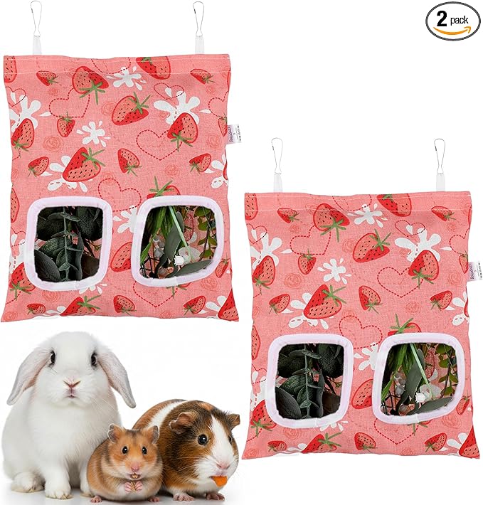 2pcs Bunny Hay Bag, 2-Hole Rabbit Hay Bags, 13.78 X 9.45in Hay Bag for Guinea Pigs, Hanging Guinea Pig Hay Holder for Guineas Pigs Bunny, Small Pets (Pink Strawberry)