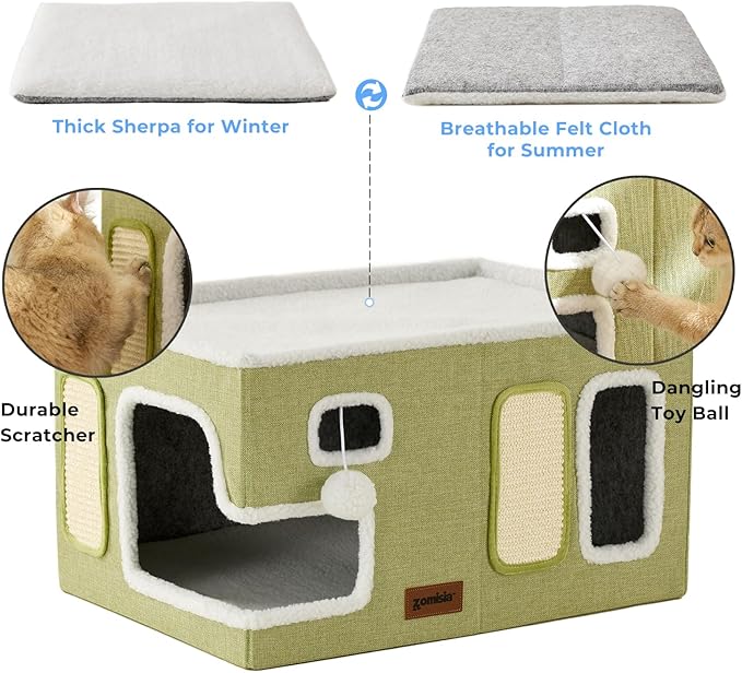 ZOMISIA Extra-Wide Cat House for Indoor Cats - Large Cat House for Pet with Fluffy Ball Hanging and Scratch Pad, Foldable Cat Hideaway for Multi Cats, 23x16.5x13 inches, Green