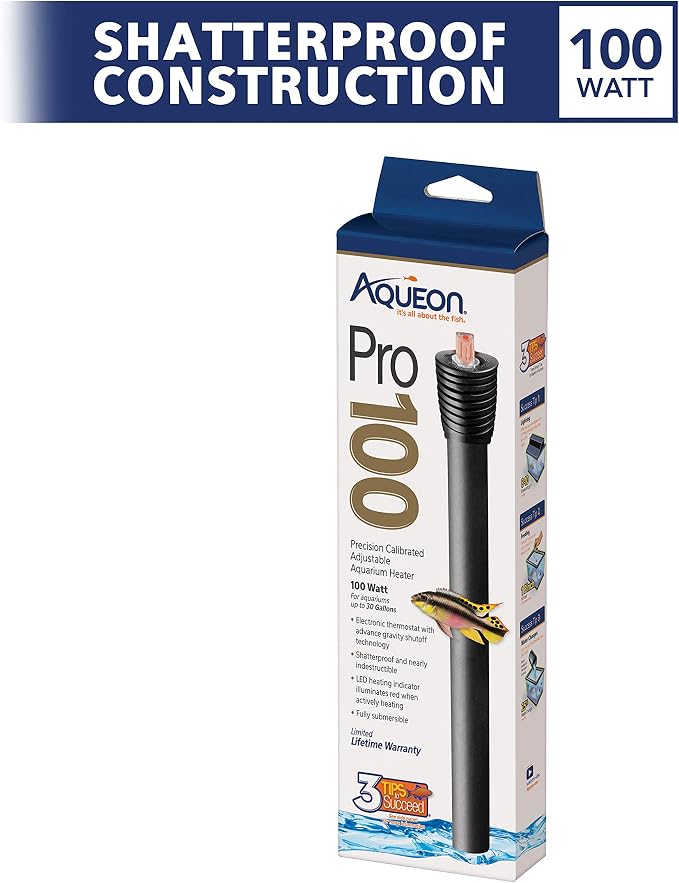 Aqueon Pro 100 Submersible Aquarium Fish Tank Heater, 100 Watts, for Up to 30 Gallon Fish Tanks | 100W aquarium heater, adjustable 68 to 88°F, auto shut-off, for fresh and saltwater aquariums