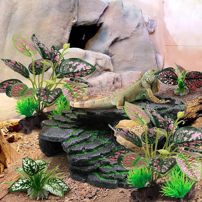 Moonorange Reptile Artificial Plants, Terrarium Plants Decorations Supplies, Aquarium Fish Tank Plant, Amphibian Habitat Hideout Tank Accessories(M Set-4pcs/A)