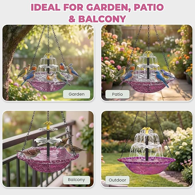 Solar Fountain for Bird Bath, Hanging Cascade Water Feature for Outdoor Garden & Yard Decor, Creates a Relaxing Flow that Attracts Birds (Purple)