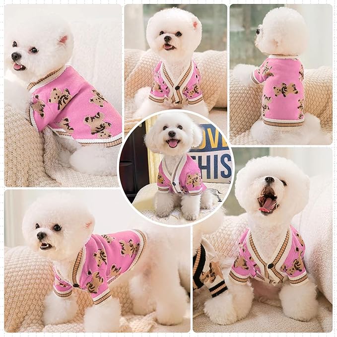ABRRLO Small Dog Sweaters Cute Bear Dog Cardigans Clothes for Small Medium Dogs Boy Girl Puppy Cat Knitting Cardigan Outfits Dogs Winter Coats Warm Pet Doggy Clothes Soft Knitwear (Pink, Medium)