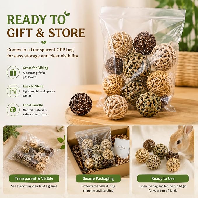 Skylety 15 Pieces Bunny Chew Balls for Rabbits, Small Animal Rolling Grass Toys and Treats for Guinea Pigs, Chinchillas, Hamsters, Mice, Teeth Grinding, Gnawing and Play(Classic Style,2.76")