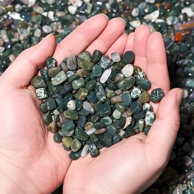 Moss Agate Crystal Chips 2lbs (2000+ pcs) -5-8mm Natural Dendritic Stones for Aquarium Gravel, Terrariums, Plant Growth, Jewelry Making & Abundance Grids,Safe for Fish Tanks & Fairy Gardens