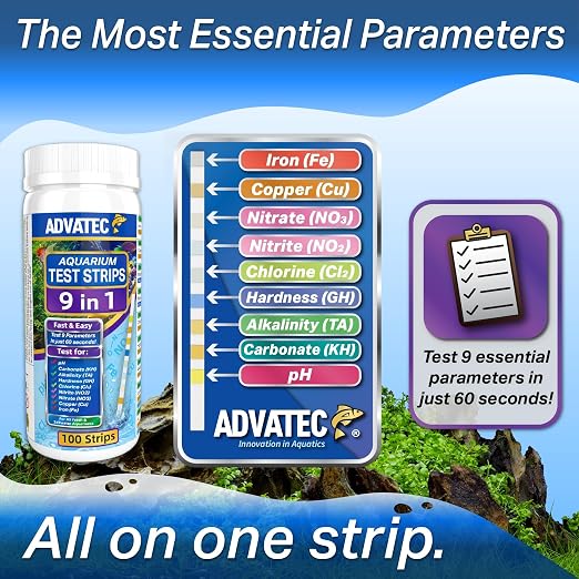 9 in 1 Aquarium Test Strips for Salt & Freshwater, Fish Tank Tester Kit for Iron, Copper, Carbonate, pH, Nitrate, Nitrite, Chlorine, Total Hardness & Alkalinity - 100 Count