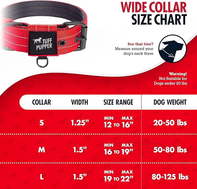 Tuff Pupper Heavy Duty Tactical Dog Collar | 1.5" Wide Ballistic Nylon | Reflective Stitching | Integrated ID Tag Holder | Stainless Steel Buckle | Padded Lining | Medium & Large Dogs (Red, Large)