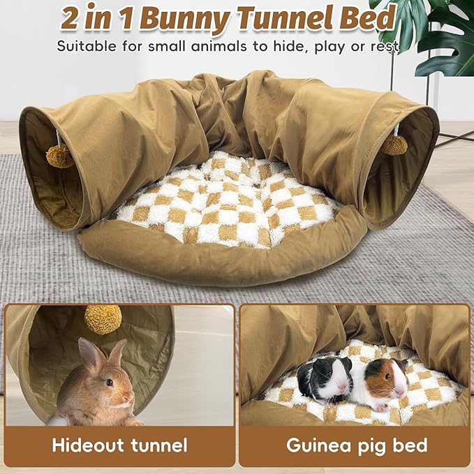 PINVNBY Bunny Tunnel Bed 2-in-1 Removable and Cozy Large Guinea Pig Hideout Tunnel Washable Small Animal Tunnels Tube Toys Guinea Pig Accessories for Rabbit Chinchilla Hedgehog Ferret (Khaki)