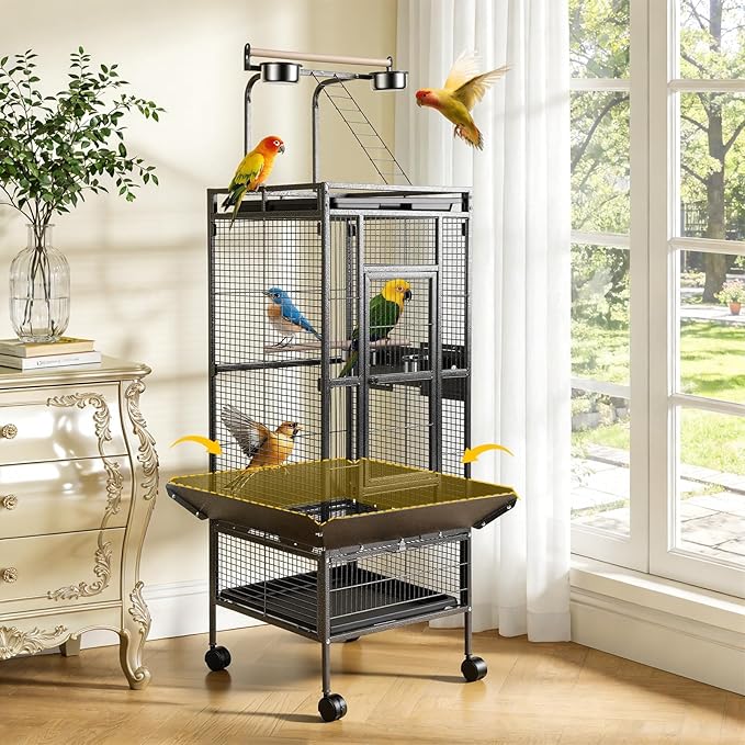 61" Large Parrot Cage with Rolling Stand, Wrought Iron Bird Cage for African Grey Macaw, Corner Design with Rooftop Play Area, Lockable Door & 360° Wheels, Heavy Duty Aviary Black