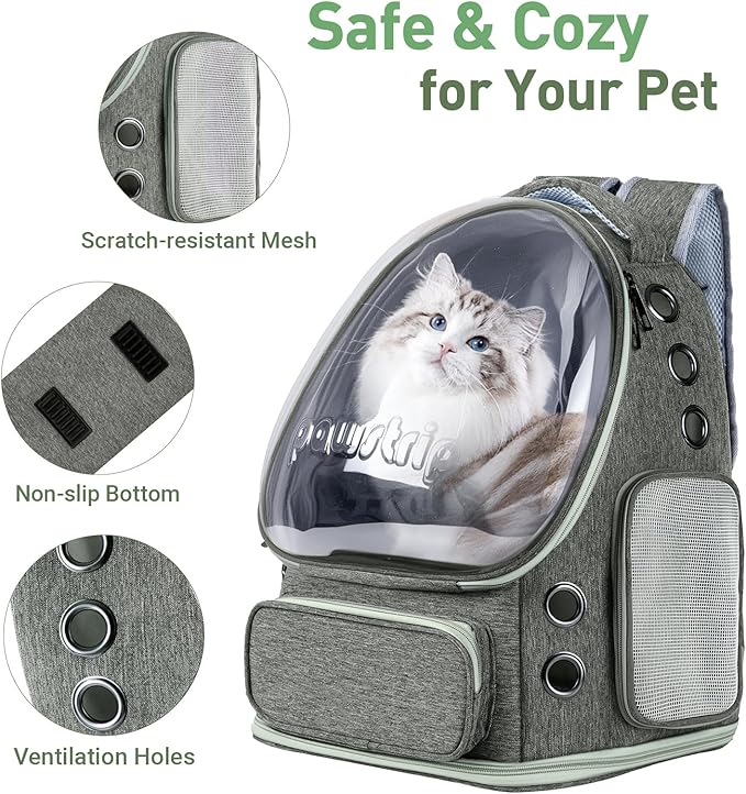 Pawstrip Cat Backpack Carrier with Large Space Bubble Window, Airline Approved Breathable Pet Carrier for Small Dogs Cats up to 15lbs, Foldable for Travel Hiking & Outdoor Use
