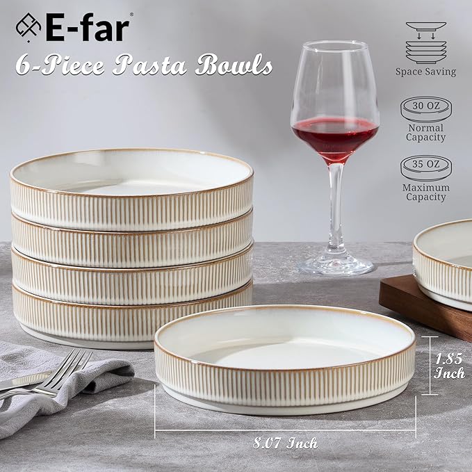 E-far Pasta Bowls Set of 6, 35oz Large Salad Bowl Plate for Dinner Serving, Wide & Shallow Ceramic Stoneware Pasta Plates, Microwave & Dishwasher Safe, Reactive Glaze Textured Stripes, Creamy Beige