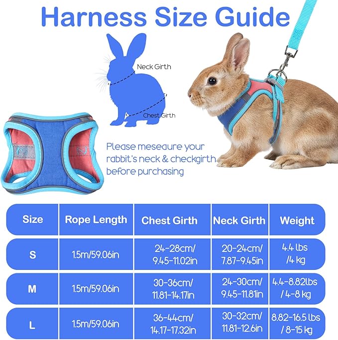 Adjustable Bunny Harness and Leash Set, Double Buckles Breathable Mesh Rabbit Vest with Reflective Strips, Escape Proof Small Pet Walking Training Gear for Rabbits, Kittens, Ferrets, Guinea Pigs (S)