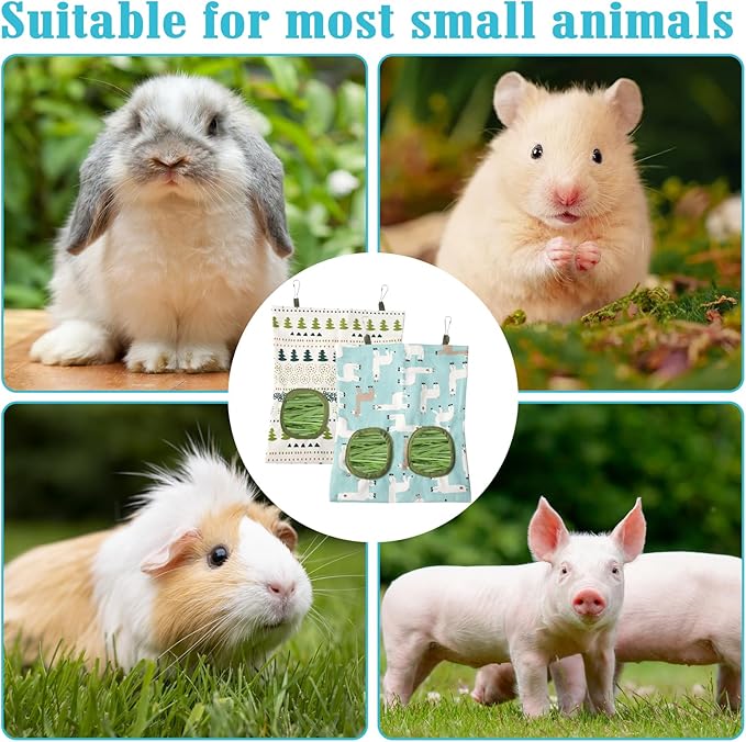 2 Packs Rabbit Hay Feeder Bag, Hanging Hay Feeders Washable 2 Hole Guinea Pig Hay Feeder Bag for Bunny Rabbits Chinchillas Hamsters Small Pets Animals