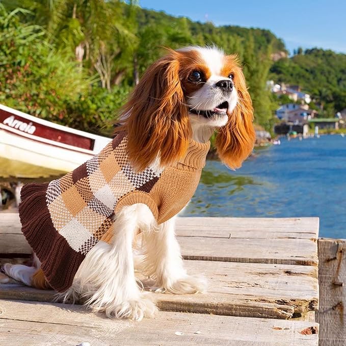 Dog Sweater Dress Plaid Knitwear for Small Medium Dogs Warm Puppy Pet Turtleneck Stretch Pullover Cute Fall Winter Vest Clothes with Leash Hole for Christmas (Coffee, L)