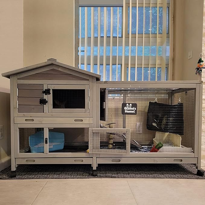 Aivituvin Rabbit Hutch Outdoor Indoor Rabbit Cage Chikcen Coop with Casters Guinea Pig Cage with 3 Deep No Leakage Pull Out Tray,Waterproof Roof
