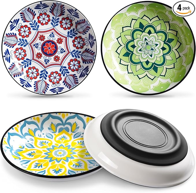 WROSWT Non-Slip Cat Bowl,Ceramic Cat Food Bowls with Silicone Bottom, Anti-Whisker Fatigue Cats Dishes Set, Shallow & Wide Kitten Plates for Food and Water, 4 Pack