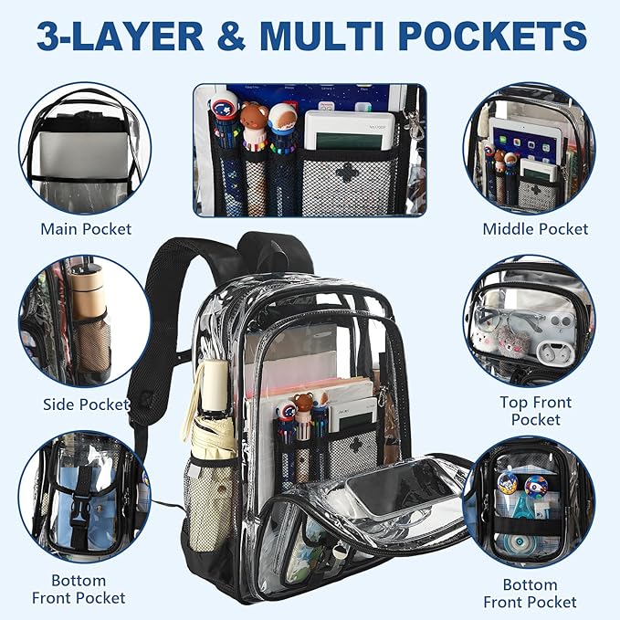 Clear Backpack, 17 inch Extra Large Transparent Backpacks with Accessories & Privacy Pouch, Cold-resistant Plastic Backpack for Teen Kids Adults, Black