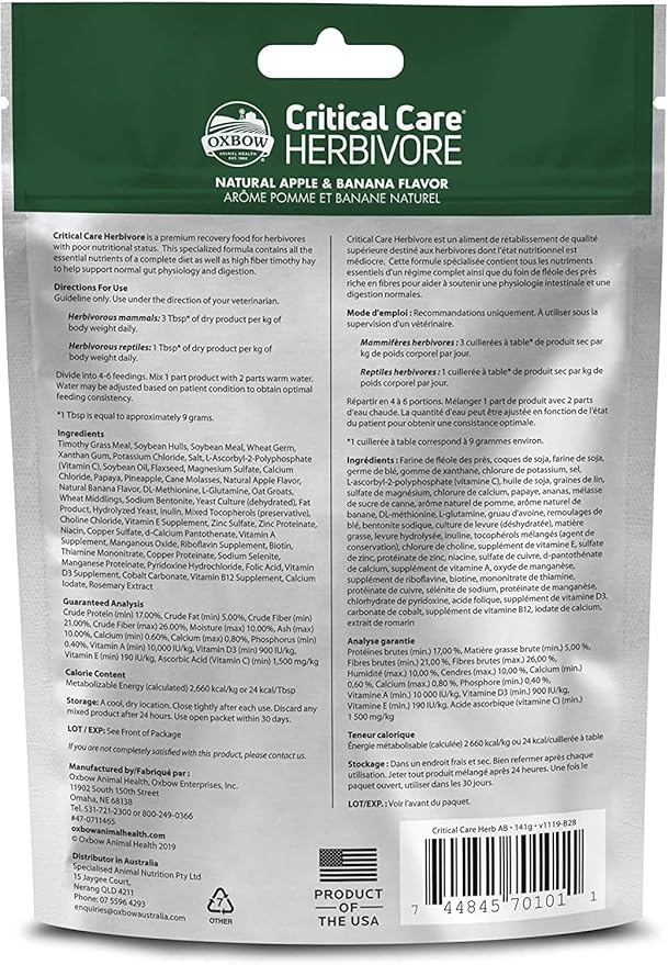 Oxbow Critical Care Herbivore Assist Feeding Formula for Rabbits & Guinea Pigs, High Fiber Timothy Hay Recovery Food, Natural Apple Banana Flavor, Vet Recommended Emergency Nutrition, 141g 3 Pack