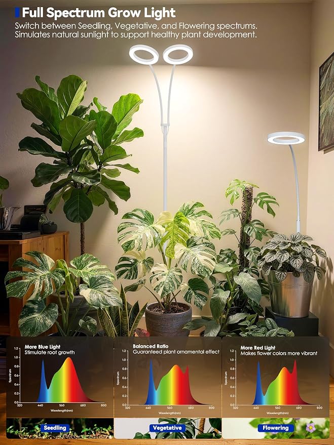 Grow Lights for Indoor Plants, Full Spectrum LED Plant Light with Stand | 20W Dimmable, 3 Growing Modes Floor Lamp, Adjustable Height & Angle, Plant Growing Lamp with 3/9/12H Timer, White Single Head