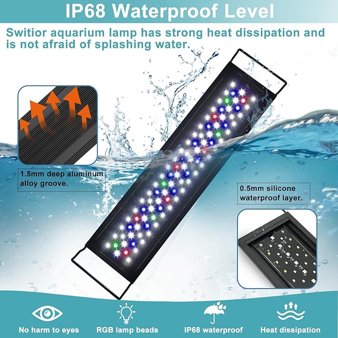Auto On Off LED Aquarium Light, Full Spectrum Fish Tank Light with LCD Monitor, 24/7 Lighting Cycle, Adjustable Timer, 7 Colors, 10 Level Dimmable, IP68 Waterproof, 3 Modes for 12 to 18 Inch Fish Tank