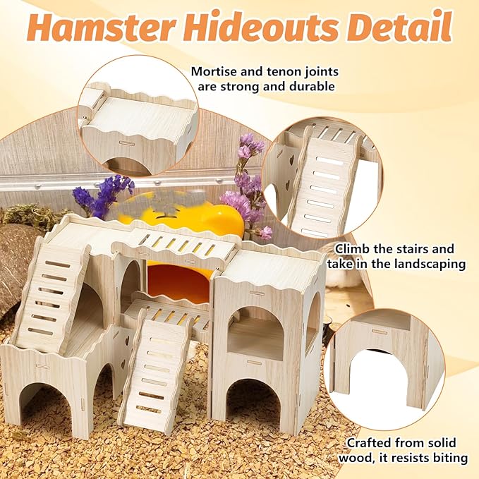 BNOSDM Large 6-in-1 Hamster Playground, Multi-Level Wooden Hamster Houses and Hideouts with Double Slides, Hide Hut for Multiple Dwarf Hamsters, Syrian, Gerbils