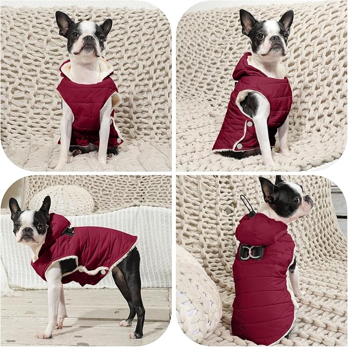 Vecomfy Fleece Lining Dog Hoodie with Harness Built in,Extra Warm Small Dog Jacket in Winter Puppy Coats with Drawstring Hooded,Red M