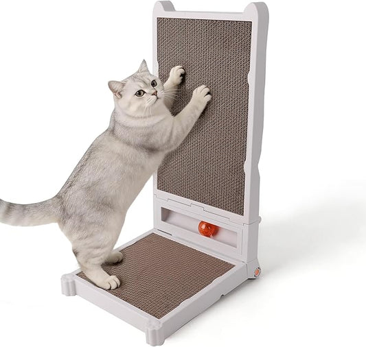 Foldable L-Shaped Cat Scratcher with Ball Track Toy, No Assembly Cat Scratch Pad with 4 Shapes, Reversible & Replaceable Cardboard Scratching Board for Indoor Cats