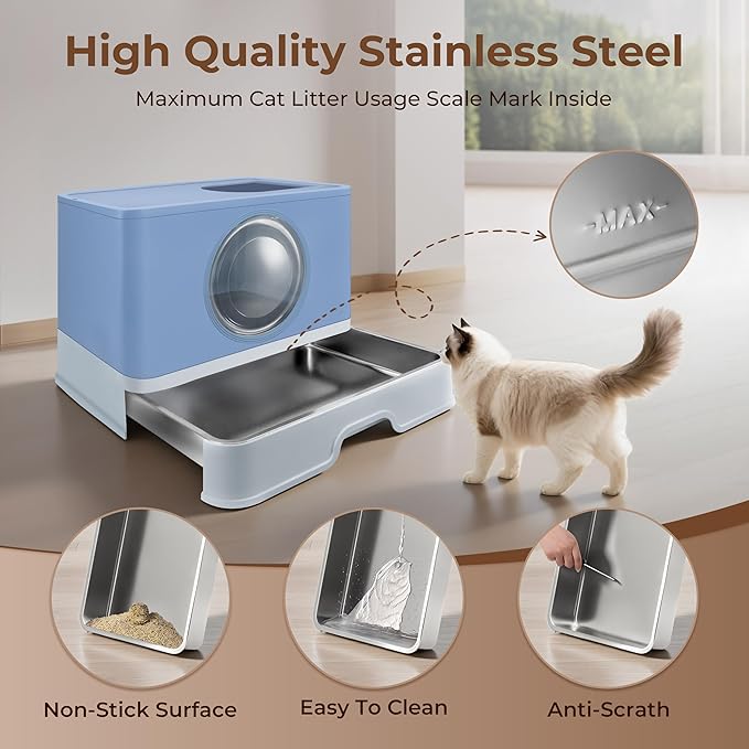 XXXL Stainless Steel Litter Box with Lid, Front Entry Top Exit, Extra Large Metal Cat Litter Box with Drawer, Maine Coon Cats, with Litter Scoop & Litter Mat, Anti-Odor, Anti-Leakage & Non-Stick
