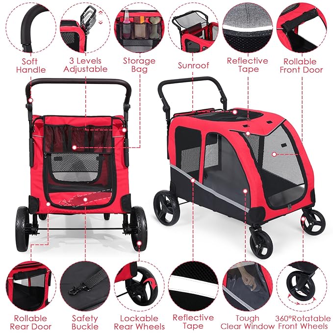 Saudism Stroller for Large Dogs, Extra Large Pet Stroller for Medium 2 Dogs, Dog Wagon, Dog Carriage, Foldable Design, Adjustable Handle, with Pocket, Up to 160 lbs, Red