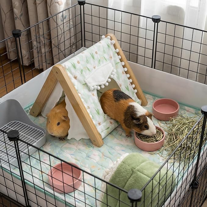 Guinea Pig Hideout, Sturdy Bamboo Small Animal House with Window, Rabbit Bunny Tunnel, Easy to Assemble for Hamsters Bunny Rat Chinchillas Playing Hiding, Guinea Pig Cage Accessories, Green