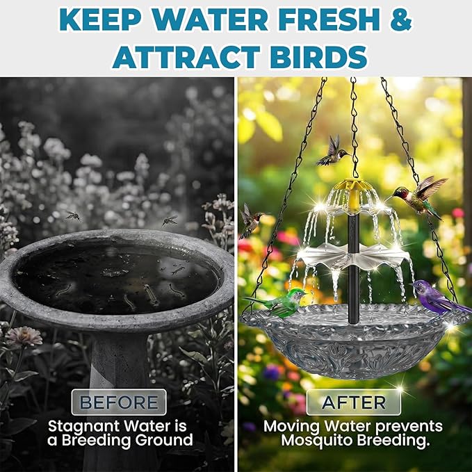 Solar Fountain for Bird Bath, Hanging Cascade Water Feature for Outdoor Garden & Yard Decor, Creates a Relaxing Flow that Attracts Birds (Gray)