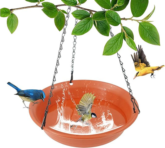 VUWEZ Hanging Bird Bath, Hanging Bird Water Feeder for Outdoors, Feeder Bowl, 1 Pack Birdbath Tray Accessories for Outside, Plastic Birdbaths Tray for Garden Patio Decoration (12", Terra Cotta)