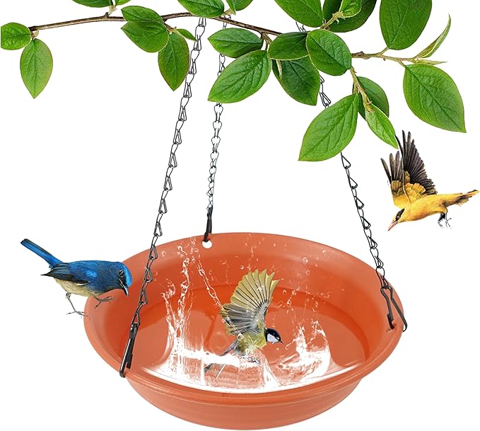 VUWEZ Hanging Bird Bath, Hanging Bird Water Feeder for Outdoors, Feeder Bowl, 1 Pack Birdbath Tray Accessories for Outside, Plastic Birdbaths Tray for Garden Patio Decoration (8", Terra Cotta)