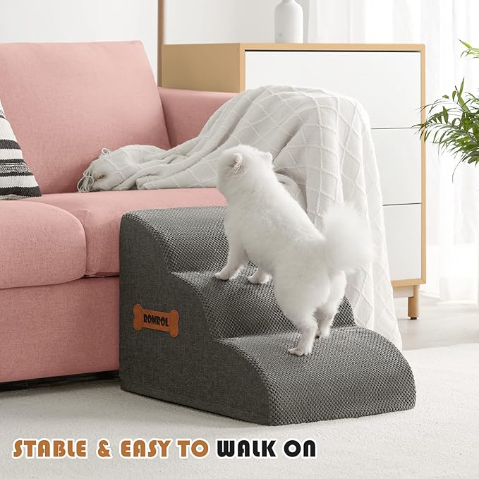 Romrol Dog Stairs Ramp for Small Dogs, 33D Pet Stairs Steps with Durable Non-Slip Waterproof Fabric Cover, Dog Slope Stairs to Bed for Small Dogs and Cats or Pets Joints, 3-Steps