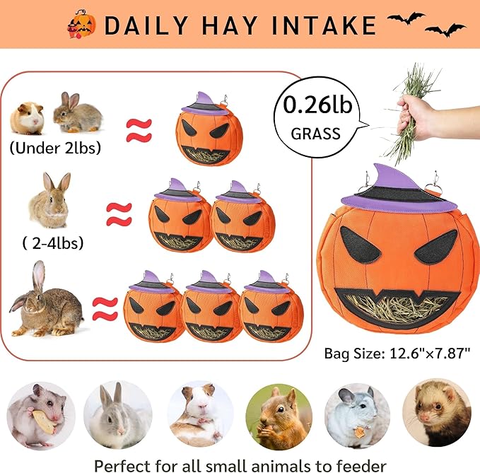 JanYoo Rabbit Hay Feeder Halloween Guinea Pig Accessories Hay Bag Hanging Rack for Small Animal Chinchilla(Pumpkin)