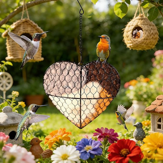 Bird Nesting Material Holder, Handmade Fiber Bird Nesting Heart with Refillable Material for Wild Bird, Hummingbird Houses Outdoor Garden Decoration Outside Gifts for Birds Lovers