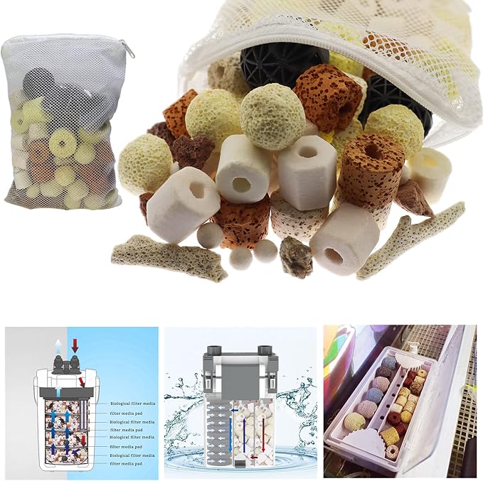 Aquarium Filter Media: 12-in-1 Bio Balls & Ceramic Rings Kit (1000g) for Fish Tank or Pond - Includes Zippered Mesh Bag